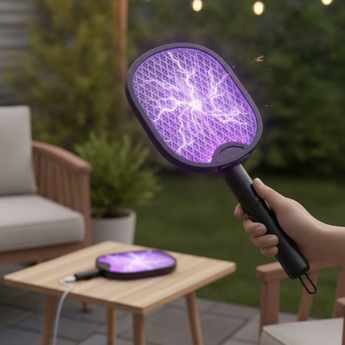Sleek black fly zapper - black, racket